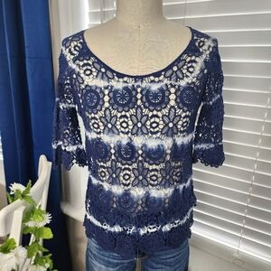INC Blue White Crochet Womens Shirt Large